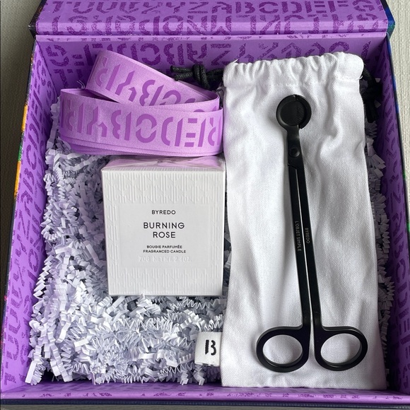 Byredo burning rose 70g candle and wick trimmer gift set with box and ribbons